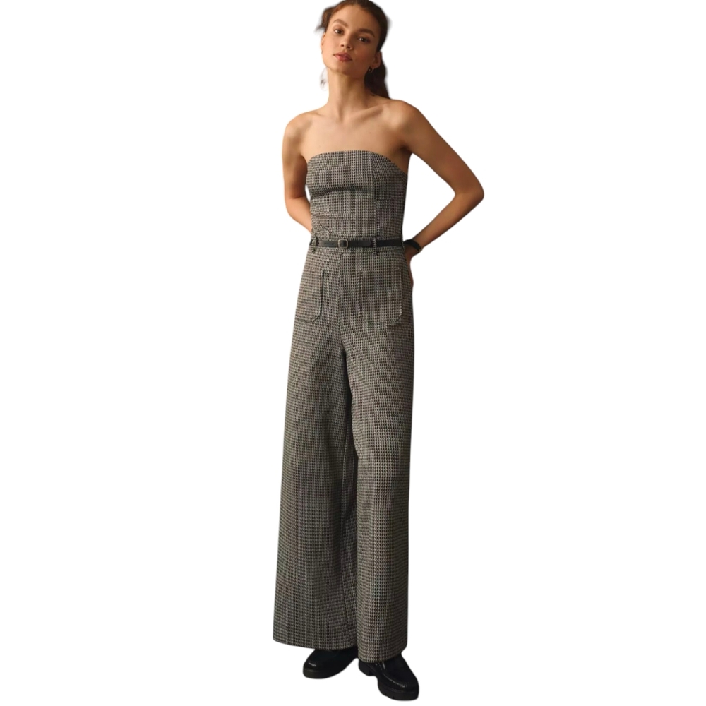 Maeve Anthropologie Houndstooth Knit Jumpsuit | Size 14 | Wide Leg Pockets
